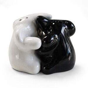 Vintage Style Hugging Elephants Salt Pepper Shaker Set Black & White Ceramic